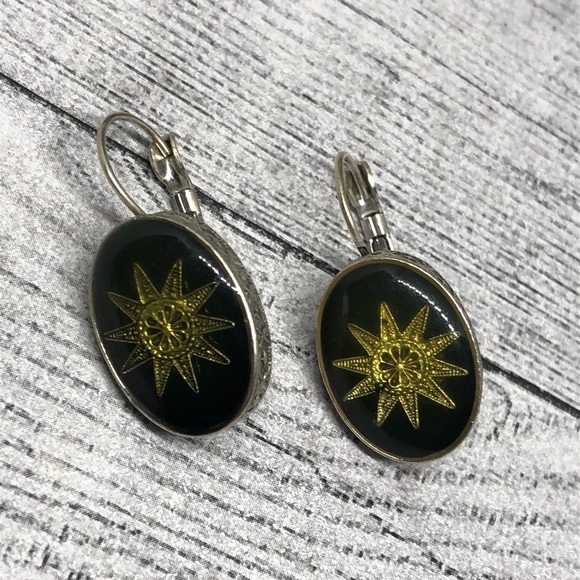 Vintage silver tone sunburst lucite oval earrings statement - Picture 2 of 6